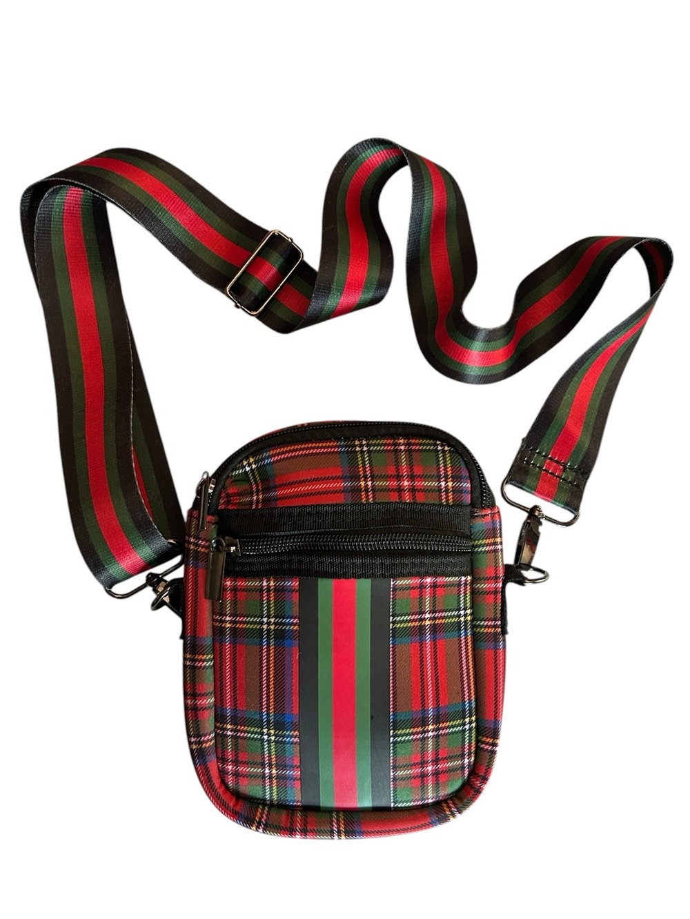 Red Scottish Tartan Plaid Neoprene Mini Crossbody Phone Bag with Stripe Strap